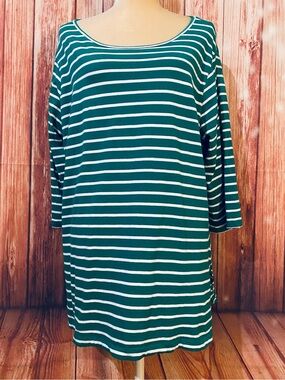 Women’s Size 16 Blouse Green White Striped 3/4 Sleeves U Neck 100% Cotton Soft